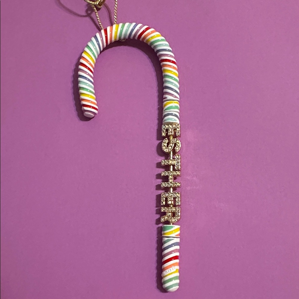 BaubleBar Striped Candy Cane Ornament with Gold Accents name ESTHER
